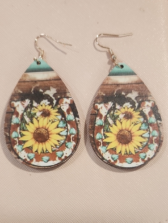 Accessories - Wooden Sunflower Teardrop Dangle Earrings - Turquoise & Yellow. Love These!